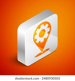 Isometric Car service icon isolated on orange background. Auto mechanic service. Repair service auto mechanic. Maintenance sign. Silver square button. Vector
