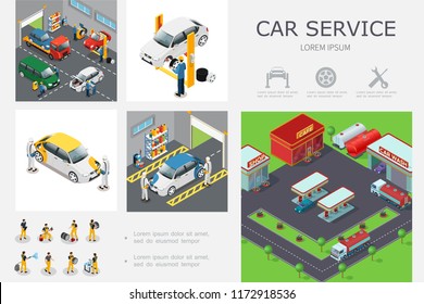Isometric car service infographic template with workers change tires wash and repair automobiles vector illustration
