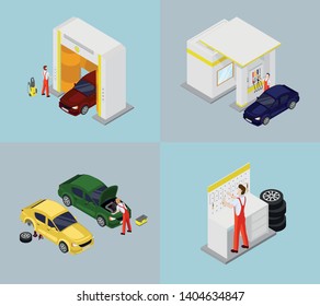 Isometric car service. Set of 4 different illustration of car repair service. Vector