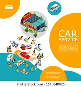 Isometric car service template with workers in uniform change tires repair and fix automobile gas station vector illustration