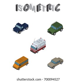 Isometric Car Set Of Armored, First-Aid, Suv And Other Vector Objects. Also Includes Bus, Pickup, Car Elements.