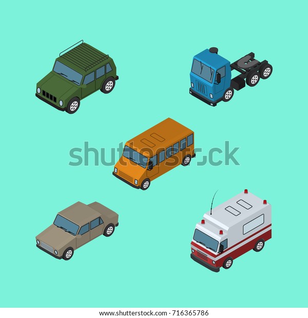 Isometric Car Set Of\
Armored, Truck, First-Aid And Other Vector Objects. Also Includes\
Motor, Bus, Truck\
Elements.