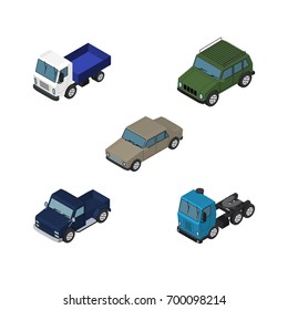 Isometric Car Set Of Auto, Armored, Lorry And Other Vector Objects. Also Includes Car, Sedan, Armored Elements.