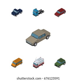Isometric Car Set Of Auto, First-Aid, Truck And Other Vector Objects. Also Includes Truck, Drive, Suv Elements.