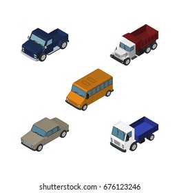 Isometric Car Set Of Auto, Freight, Lorry And Other Vector Objects. Also Includes Transport, Lorry, Pickup Elements.