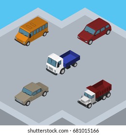 Isometric Car Set Of Auto, Freight, Lorry And Other Vector Objects. Also Includes Truck, Transport, Drive Elements.