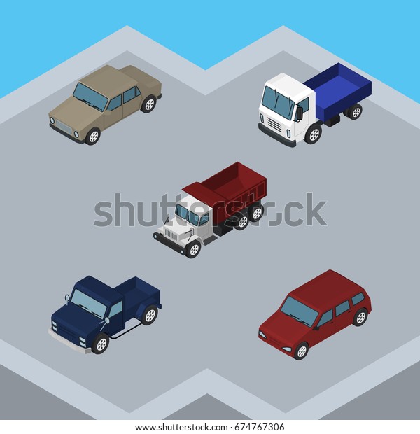 Isometric Car Set Of\
Car, Auto, Suv And Other Vector Objects. Also Includes Transport,\
Sedan, Lorry\
Elements.