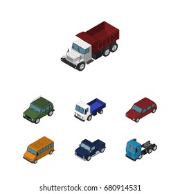 Isometric Car Set Of Car, Autobus, Lorry And Other Vector Objects. Also Includes Freight, Motor, Suv Elements.