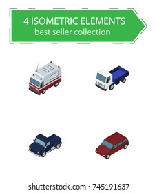 Isometric Car Set Of First-Aid, Lorry, Suv And Other Vector Objects. Also Includes Truck, Pickup, Ambulance Elements.