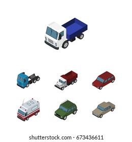 Isometric Car Set Of Freight, First-Aid, Auto And Other Vector Objects. Also Includes Ambulance, Sedan, Drive Elements.