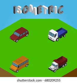 Isometric Car Set Of Freight, Lorry, Car And Other Vector Objects. Also Includes Freight, Auto, Lorry Elements.