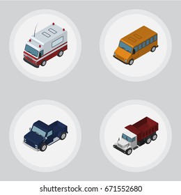 Isometric Car Set Of Freight, Suv, First-Aid And Other Vector Objects. Also Includes Pickup, Truck, Car Elements.