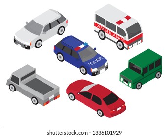 isometric car set icon, ambulance, police car, pick up, SUV for info graphics