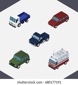 Isometric Car Set Of Lorry, Armored, First-Aid And Other Vector Objects. Also Includes Transport, Pickup, Drive Elements.