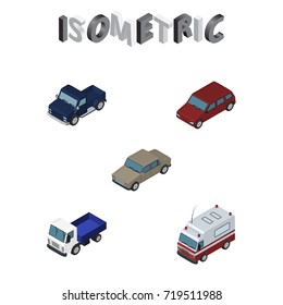 Isometric Car Set Of Lorry, Auto, First-Aid And Other Vector Objects. Also Includes Lorry, Car, Truck Elements.