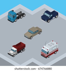 Isometric Car Set Of Suv, First-Aid, Truck And Other Vector Objects. Also Includes Aid, Suv, Motor Elements.