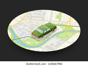 Isometric car sharing banner. Auto transportation, route circle map, Fast automobile logistic 3d transport, vector isometry city auto car, infographic vehicle. Low poly style car vehicle model