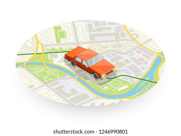 Isometric car sharing banner. Auto transportation, route circle map, Fast automobile logistic 3d transport, vector isometry city auto car, infographic vehicle. Low poly style car vehicle model