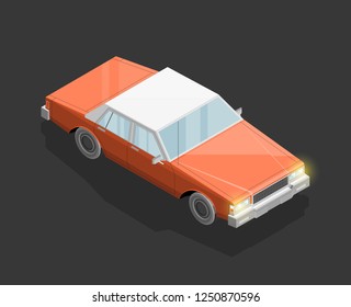 Isometric car sharing banner. Auto transportation route map, Fast automobile logistic 3d transport, vector isometry city old auto car, infographic classic vehicle. Low poly style car vehicle model