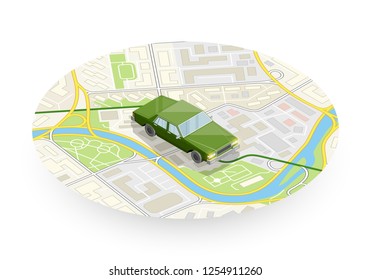 Isometric car sharing banner. Auto transportation, route circle map, Fast automobile logistic 3d transport, vector isometry city auto car, infographic vehicle. Low poly style car vehicle model