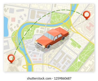 Isometric car sharing banner. Auto transportation, route circle map, Fast automobile logistic 3d transport, vector isometry city auto car, infographic vehicle. Low poly style car vehicle model