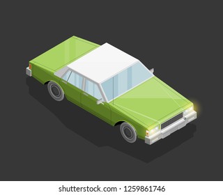Isometric car sharing banner. Auto transportation route map, Fast automobile logistic 3d transport, vector isometry city old auto car, infographic classic vehicle. Low poly style car vehicle model