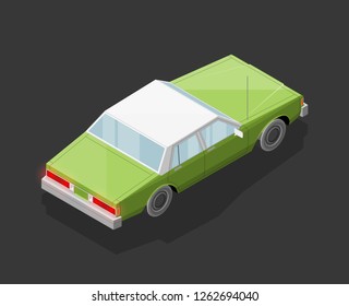 Isometric car sharing banner. Auto transportation route map, Fast automobile logistic 3d transport, vector isometry city old auto car, infographic classic vehicle. Low poly style car vehicle model