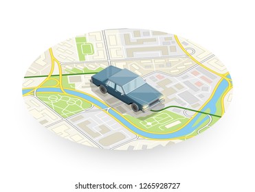 Isometric car sharing banner. Auto transportation, route circle map, Fast automobile logistic 3d transport, vector isometry city auto car, infographic vehicle. Low poly style car vehicle model