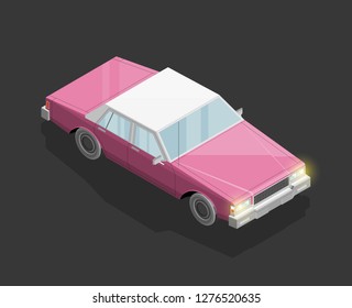Isometric car sharing banner. Auto transportation route map, Fast automobile logistic 3d transport, vector isometry city old auto car, infographic classic vehicle. Low poly style car vehicle model