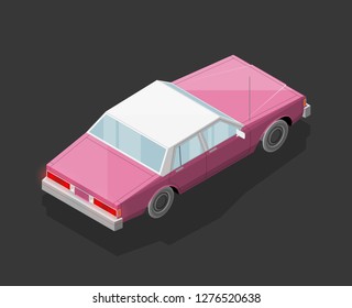 Isometric car sharing banner. Auto transportation route map, Fast automobile logistic 3d transport, vector isometry city old auto car, infographic classic vehicle. Low poly style car vehicle model
