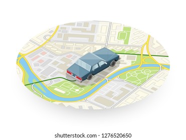 Isometric car sharing banner. Auto transportation, route circle map, Fast automobile logistic 3d transport, vector isometry city auto car, infographic vehicle. Low poly style car vehicle model