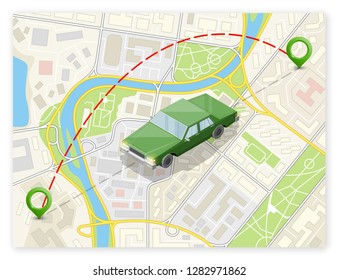 Isometric car sharing banner. Auto transportation, route circle map, Fast automobile logistic 3d transport, vector isometry city auto car, infographic vehicle. Low poly style car vehicle model