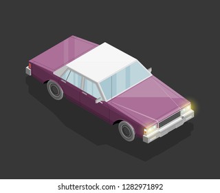 Isometric car sharing banner. Auto transportation route map, Fast automobile logistic 3d transport, vector isometry city old auto car, infographic classic vehicle. Low poly style car vehicle model