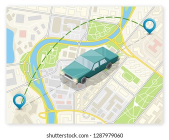 Isometric car sharing banner. Auto transportation, route circle map, Fast automobile logistic 3d transport, vector isometry city auto car, infographic vehicle. Low poly style car vehicle model