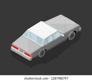 Isometric car sharing banner. Auto transportation route map, Fast automobile logistic 3d transport, vector isometry city old auto car, infographic classic vehicle. Low poly style car vehicle model