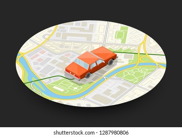 Isometric car sharing banner. Auto transportation, route circle map, Fast automobile logistic 3d transport, vector isometry city auto car, infographic vehicle. Low poly style car vehicle model