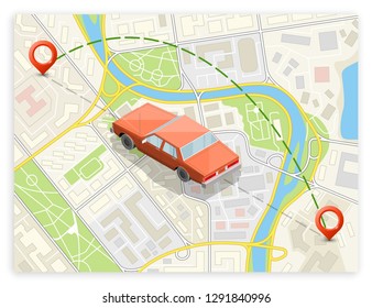 Isometric car sharing banner. Auto transportation, route circle map, Fast automobile logistic 3d transport, vector isometry city auto car, infographic vehicle. Low poly style car vehicle model