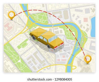 Isometric car sharing banner. Auto transportation, route circle map, Fast automobile logistic 3d transport, vector isometry city auto car, infographic vehicle. Low poly style car vehicle model