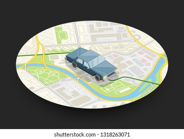 Isometric car sharing banner. Auto transportation, route circle map, Fast automobile logistic 3d transport, vector isometry city auto car, infographic vehicle. Low poly style car vehicle model