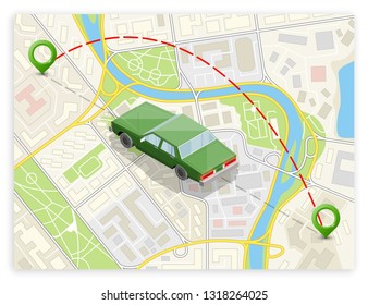 Isometric car sharing banner. Auto transportation, route circle map, Fast automobile logistic 3d transport, vector isometry city auto car, infographic vehicle. Low poly style car vehicle model