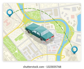 Isometric car sharing banner. Auto transportation, route circle map, Fast automobile logistic 3d transport, vector isometry city auto car, infographic vehicle. Low poly style car vehicle model