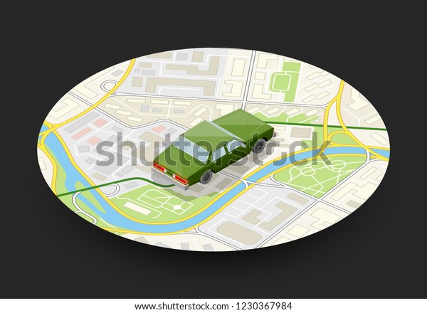 Isometric car sharing banner. Auto transportation,\
route circle map, Fast automobile logistic 3d transport, vector\
isometry city auto car, infographic vehicle. Low poly style car\
vehicle model