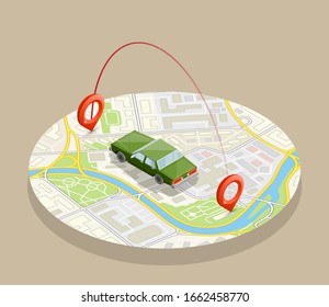 Isometric car sharing banner. Route circle map. Fast logistic 3d transport, application isometry city auto car, infographic vehicle. Low poly style car vehicle model