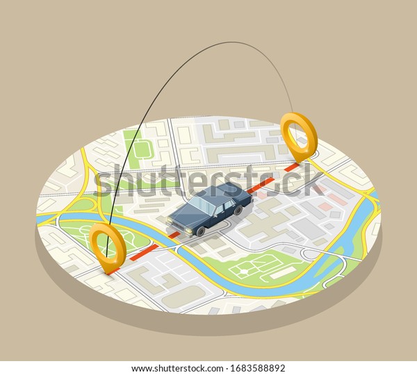 Isometric car sharing banner.\
Route circle map. Fast logistic 3d transport, application isometry\
city auto car, infographic vehicle. Low poly style car vehicle\
model