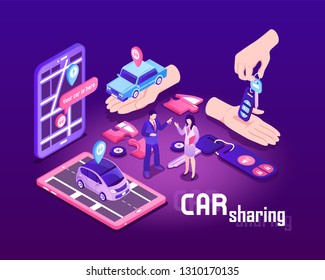 Isometric car sharing composition with conceptual images of touch screen devices cars people and location signs vector illustration