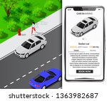 Isometric car sharing concept. Mobile app for car booking