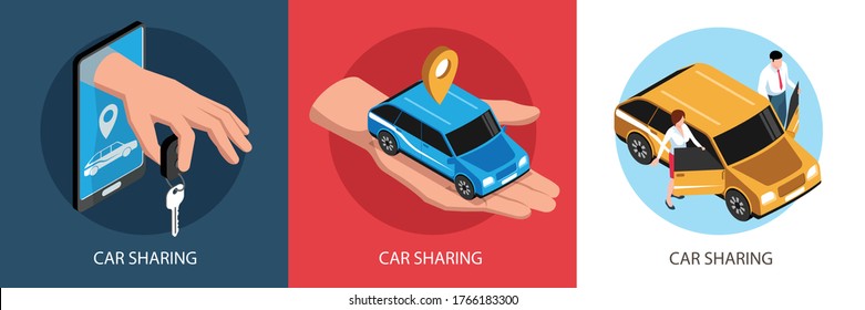 Isometric car sharing design concept with three square compositions of carsharing service icons and editable text vector illustration