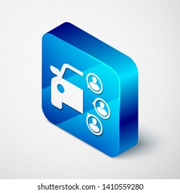 Isometric Car sharing with group of people icon isolated on white background. Carsharing sign. Transport renting service concept. Blue square button. Vector Illustration
