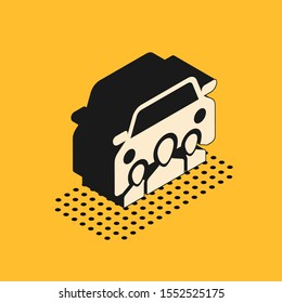 Isometric Car sharing with group of people icon isolated on yellow background. Carsharing sign. Transport renting service concept.  Vector Illustration