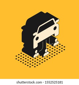 Isometric Car sharing with group of people icon isolated on yellow background. Carsharing sign. Transport renting service concept.  Vector Illustration